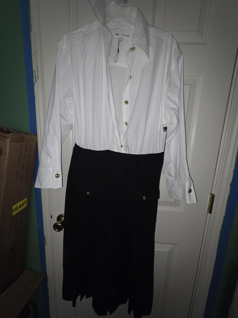 Two-Tone White Button Shirt Dress with Black Skirt